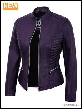 Real Lambskin Leather Jacket Women Cafe Racer Quilted Zipper